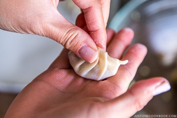 fingers making gyoza with gyoza wrapper