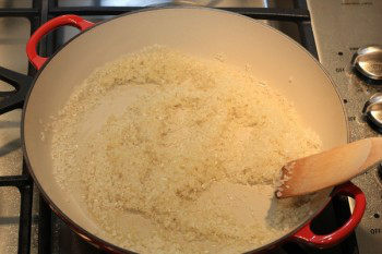 rice stir fry in a cast iron pan on top of stove