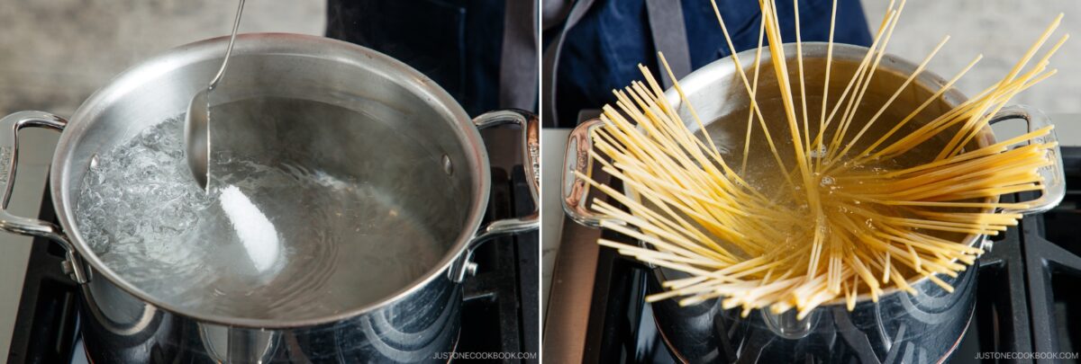 Side-by-side images: On the left, salt is added to a pot of boiling water. On the right, uncooked spaghetti for a tomato bacon pasta is placed into the pot as it begins to soften in the boiling water.