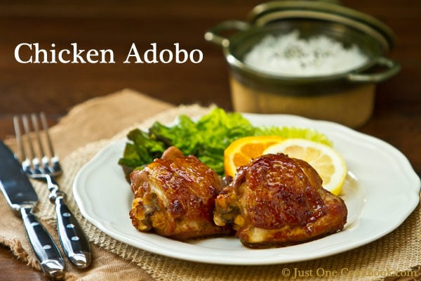 Chicken Adobo Recipe | JustOneCookbook.com Chicken Adobo with green salad on a plate.