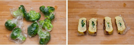 Broccoli and egg rolls on a table.
