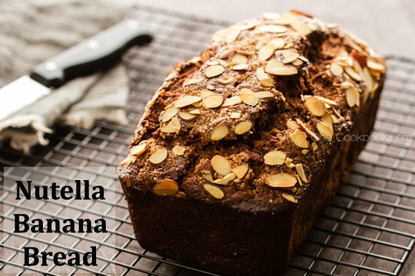 Nutella Banana Bread on a baking wire rack.