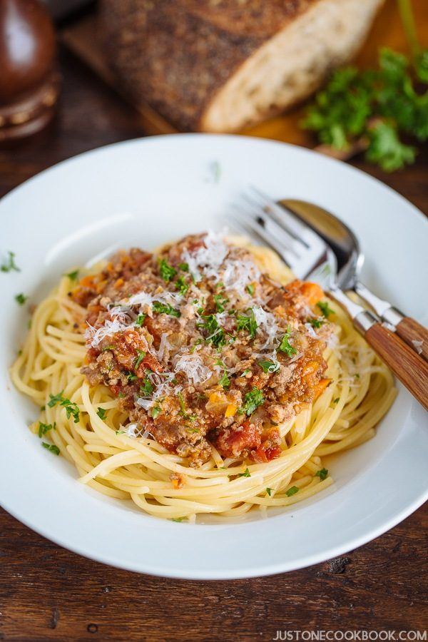 Pressure Cooker Spaghetti Bolognese in a white bowl.