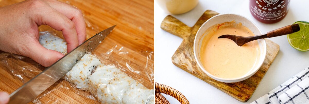 A hand slices a spicy tuna roll on a wooden board, while beside it, a bowl of creamy orange sauce with a wooden spoon sits on a small cutting board near a lime and bottle.