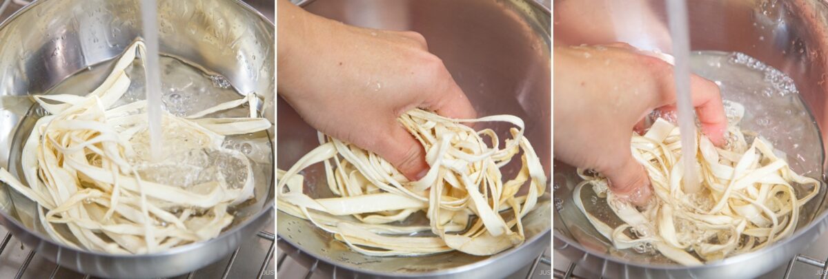 Three-panel image showing strips of tofu skin in a metal bowl being rinsed and soaked under running water, with hands separating and cleaning the strips—perfect for preparing fresh ingredients for chirashi sushi.