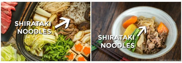 Sukiyaki & Nikujaga with Shirataki noodles in plates.