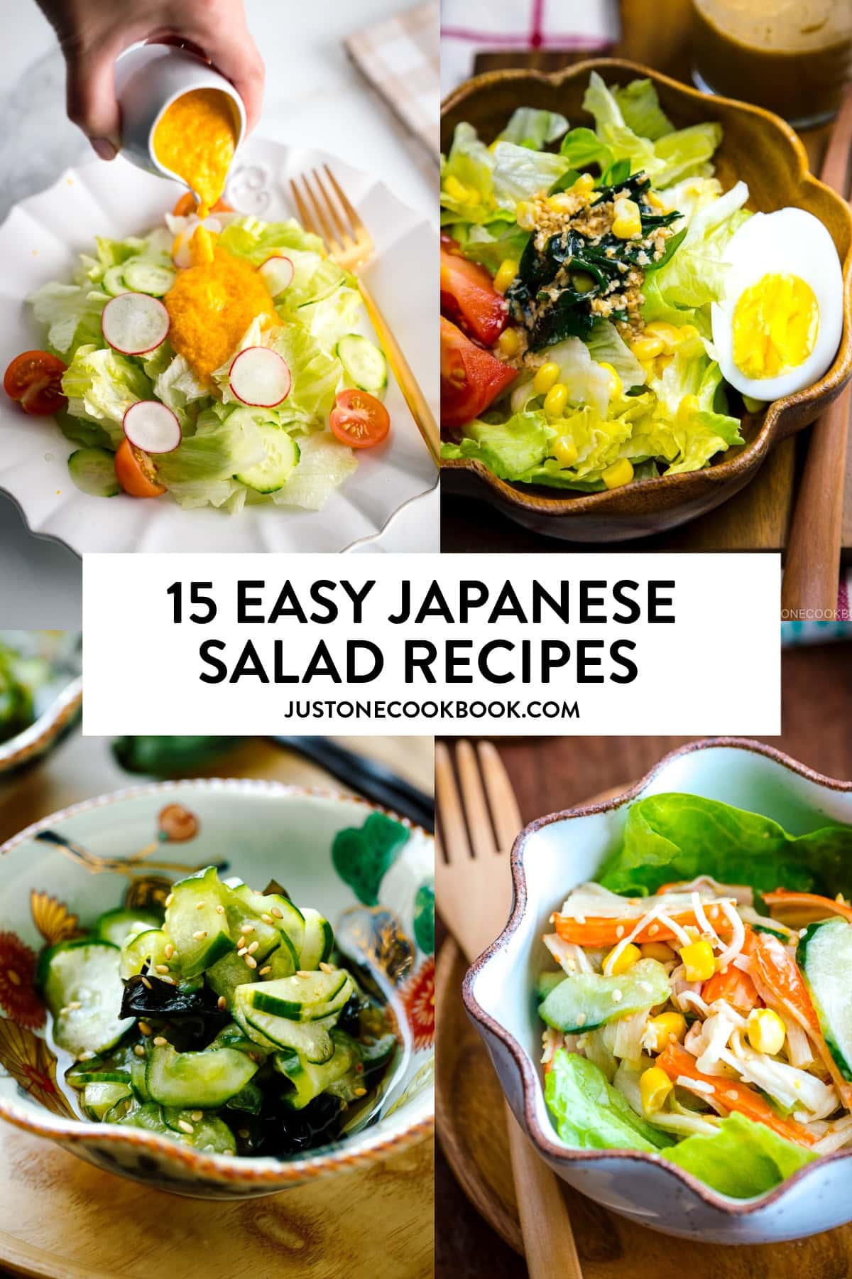 a collage of easy japanese salad recipes, including sunomono and kani salad