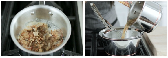 straining the dashi through a fine-mesh sieve set over a saucepan