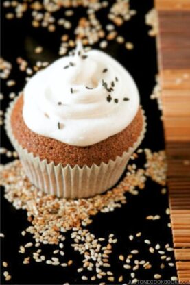 Sesame Cupcakes with Honey Meringue Frosting