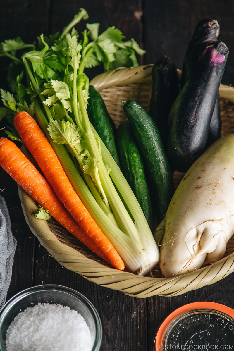 Vegetables in a bamboo basket.