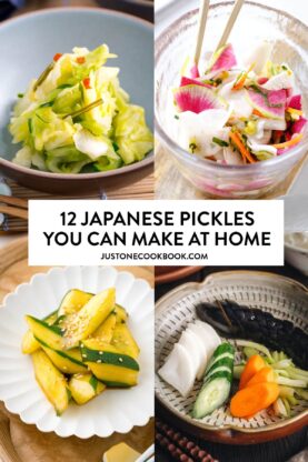 a collage of easy Japanese pickles, from sunomono to asazuke