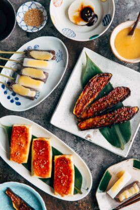 Various miso dengaku menus on the table.