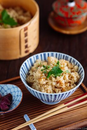 Rice bowl containing sweet onion takikomi gohan.