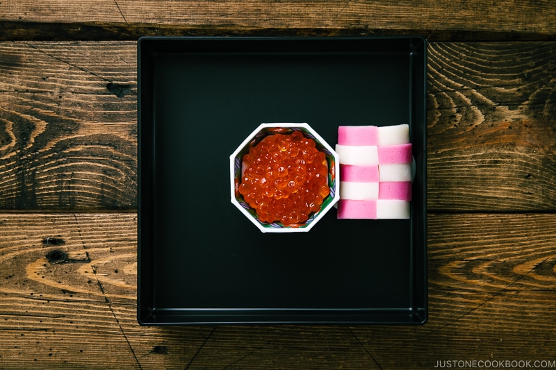 Ikura and kamaboko in the osechi box.