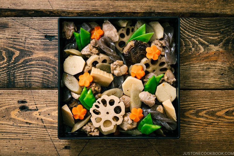 Simmered dishes in the osechi box.