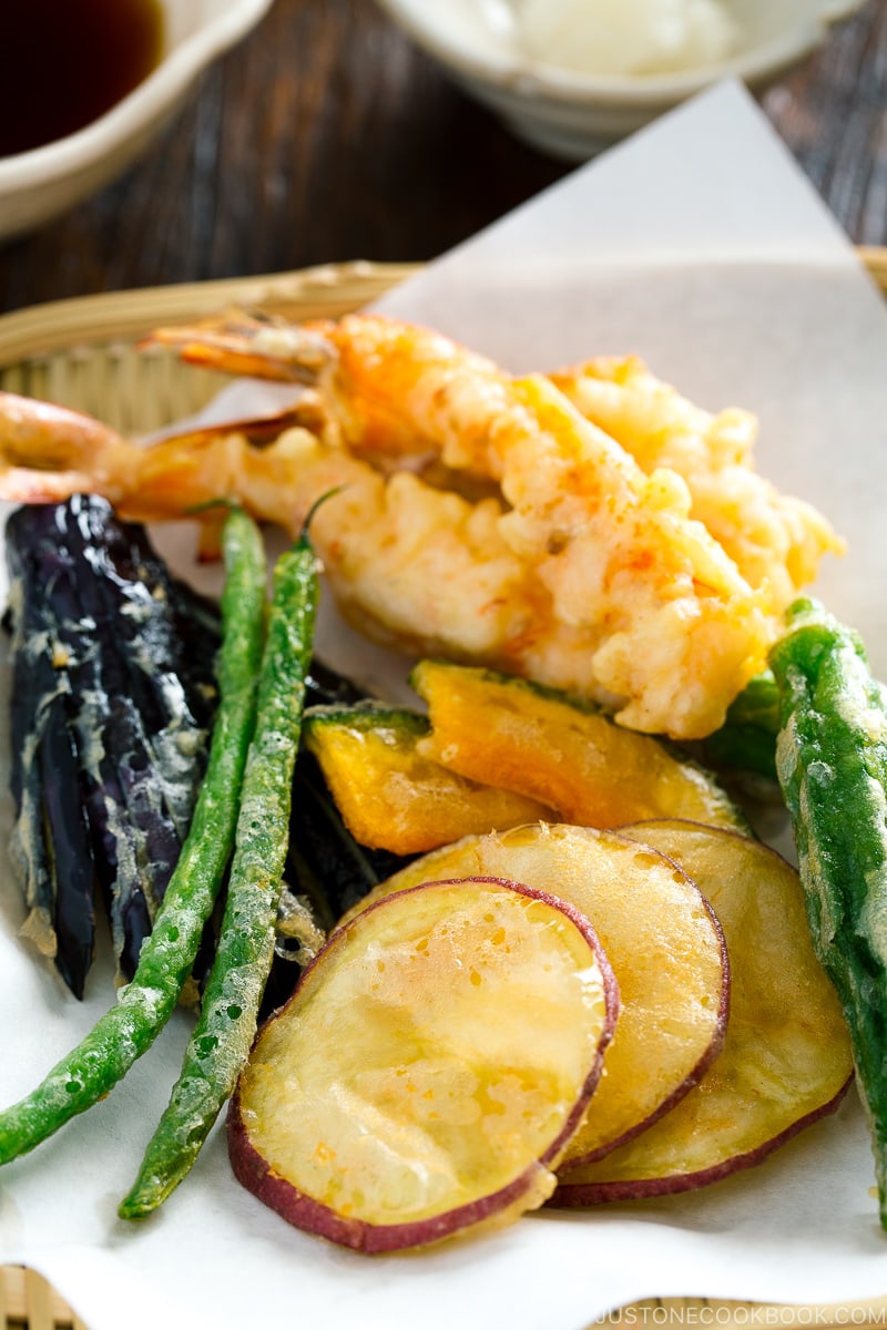 Gluten-Free Tempura on a bamboo basket.