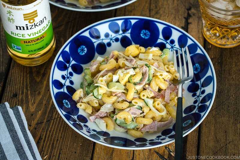 Japanese Macaroni Salad in a blue and white bowl.