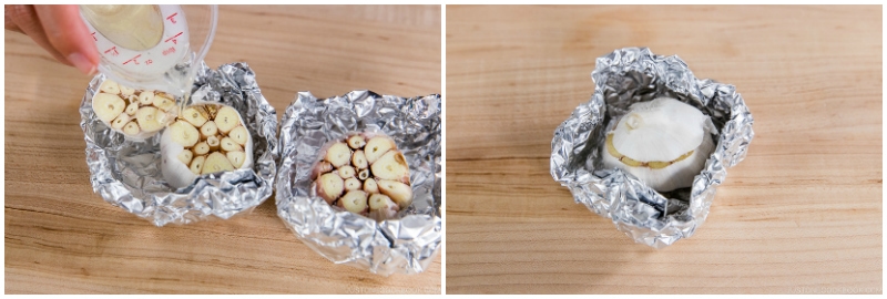 cutting the top of the entire garlic with a knife