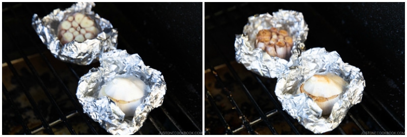 garlic smoking in Traeger grill