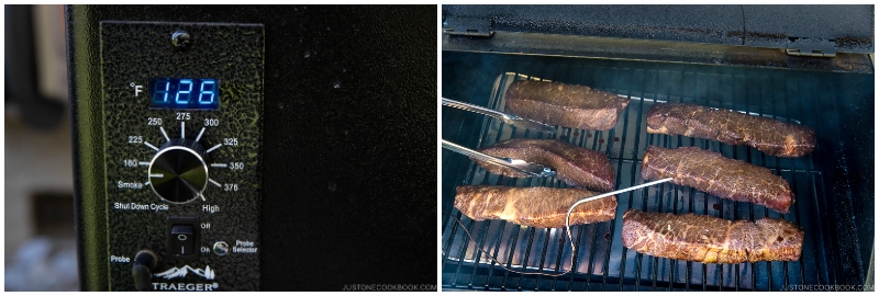 Traeger showing 126 F and steak smoking in Traeger