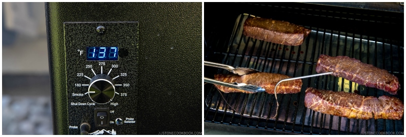 Traeger showing 137 F and steak smoking in Traeger