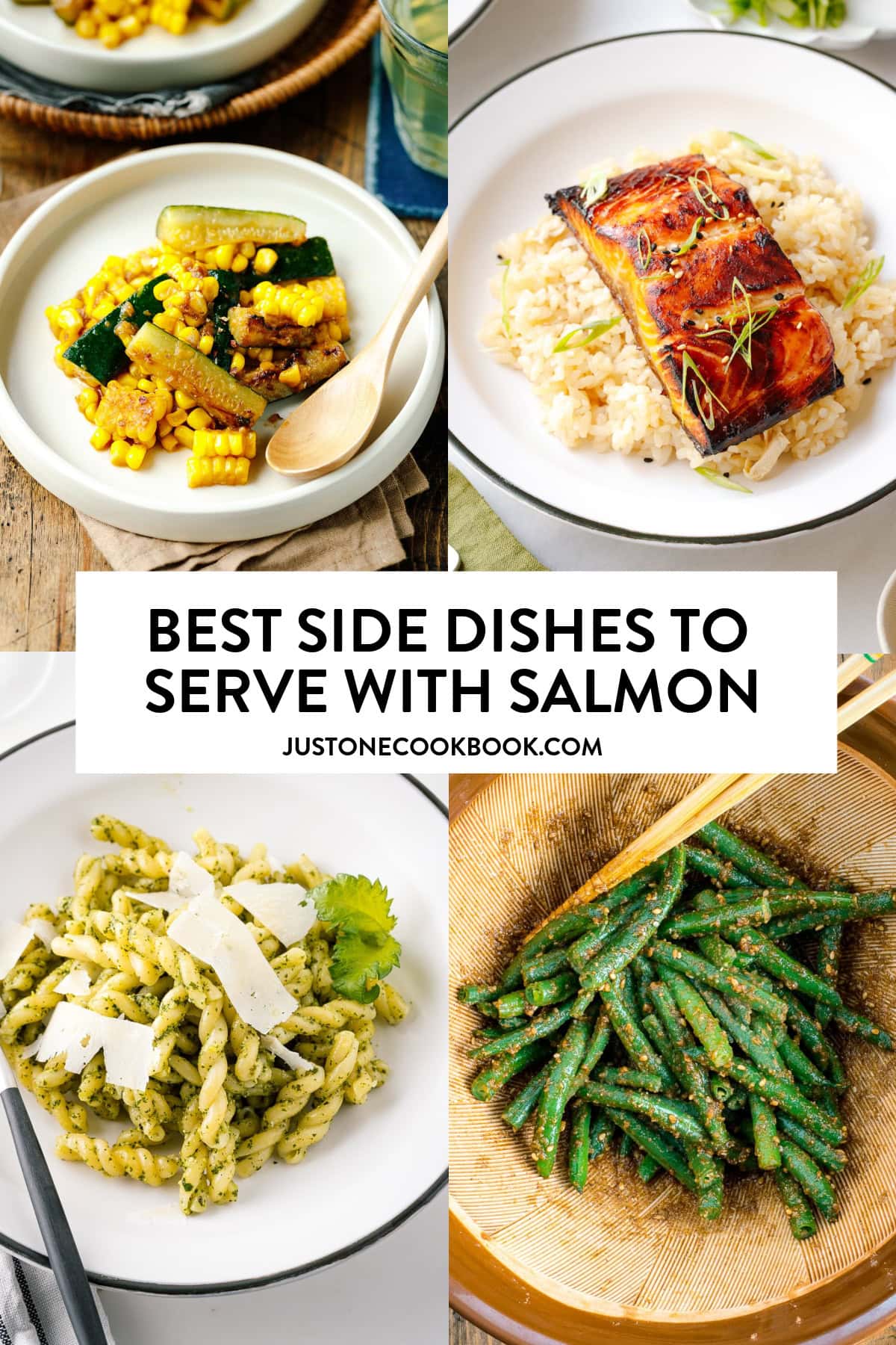 a collage of side dishes to serve with salmon
