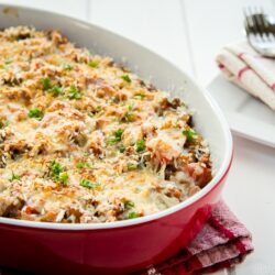 A baking dish containing Meat Doria (Japanese Rice Gratin).