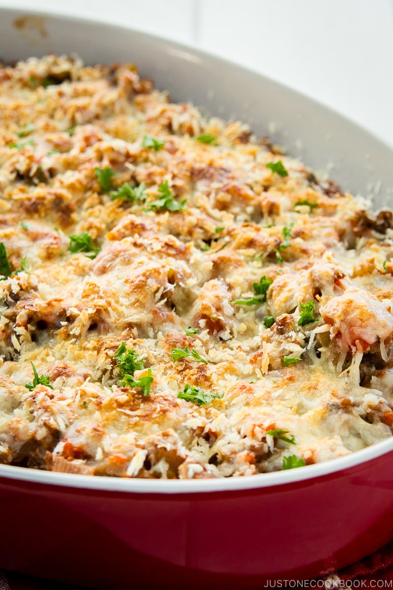 A baking dish containing Meat Doria (Japanese Rice Gratin).