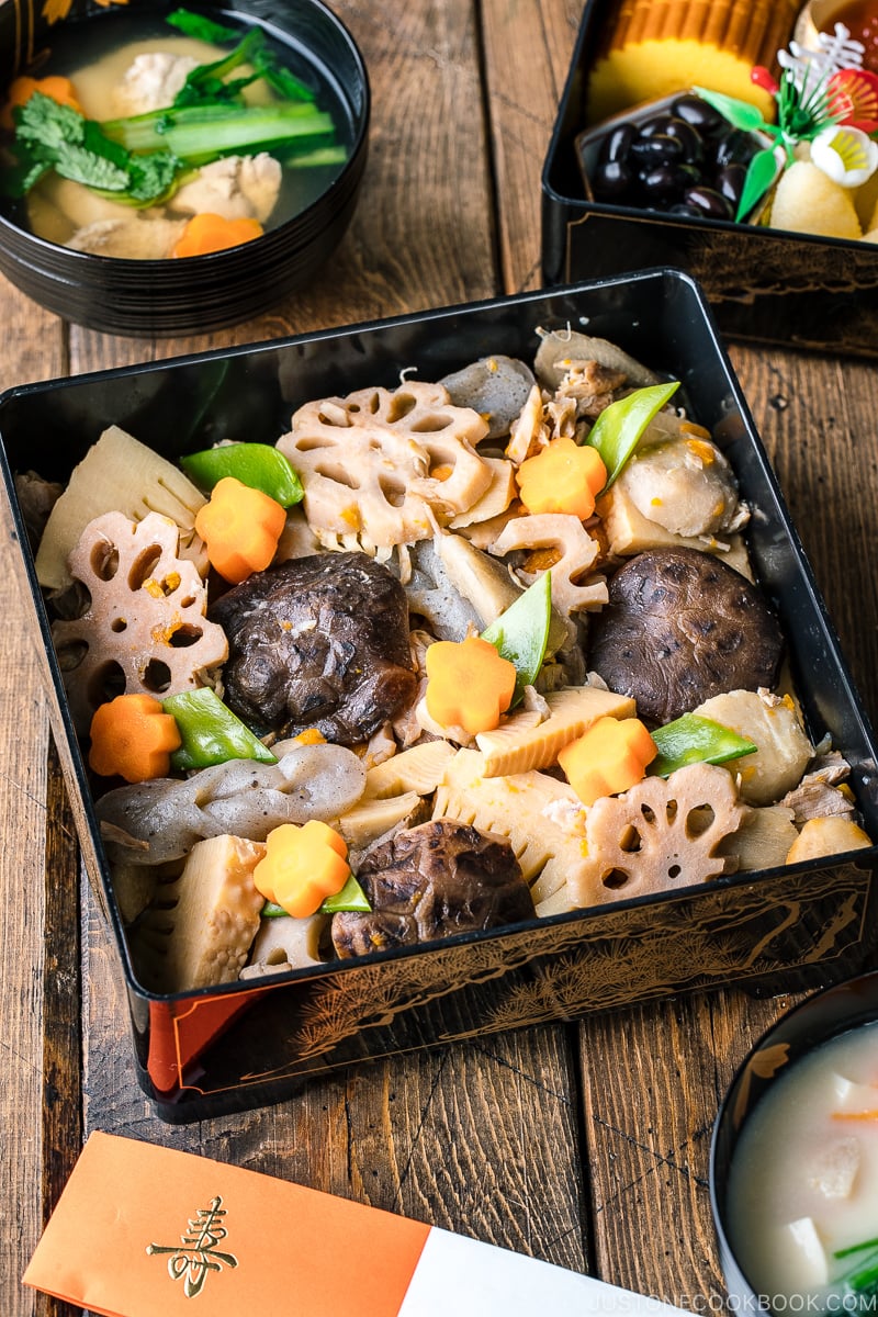 Osechi ryori in 3 tier boxes.