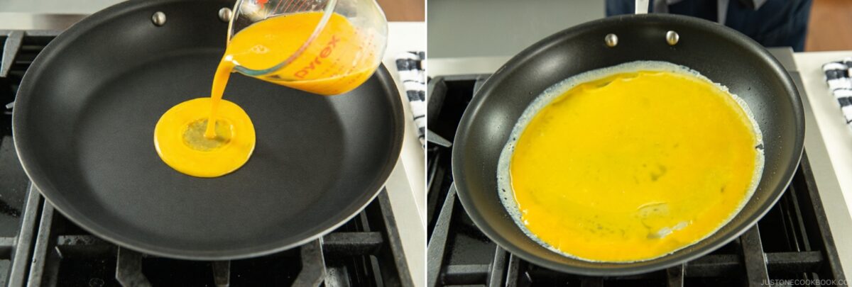 A two-panel image shows whisked eggs being poured into a nonstick frying pan on a stovetop, then spreading to cover the pan’s surface as they begin to cook—a key step in making kinshi tamago, the delicate shredded Japanese omelet.