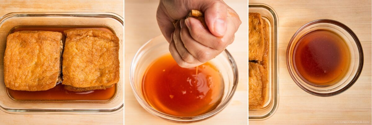 Three images: tofu soaking in brown liquid in a glass dish, as for inari sushi; a hand squeezing liquid from tofu over a bowl; liquid collected next to the now-drained tofu in a dish.