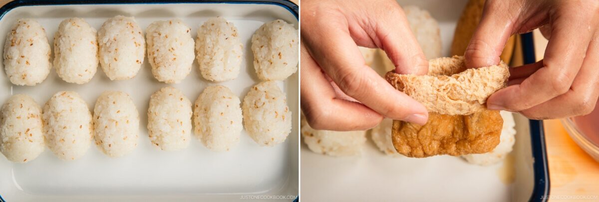 Left: Rows of oval-shaped inari sushi rice balls sit neatly on a tray. Right: Hands open a piece of fried tofu skin, preparing to fill it, with rice balls visible in the background.