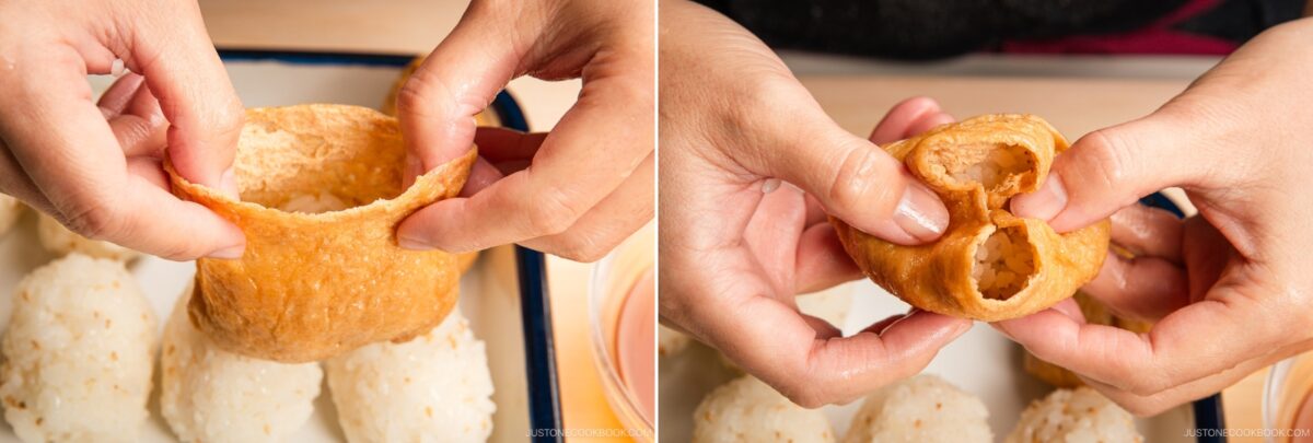 Two close-up photos of hands opening a tofu pouch above a plate with white rice balls, preparing ingredients for homemade inari sushi.