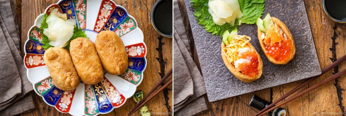 Two plates of inari sushi rest on a wooden table: the left features four plain tofu pouches with pickled ginger, while the right showcases two cut open and filled with rice, shredded egg, veggies, and red roe. Chopsticks sit beside each plate.