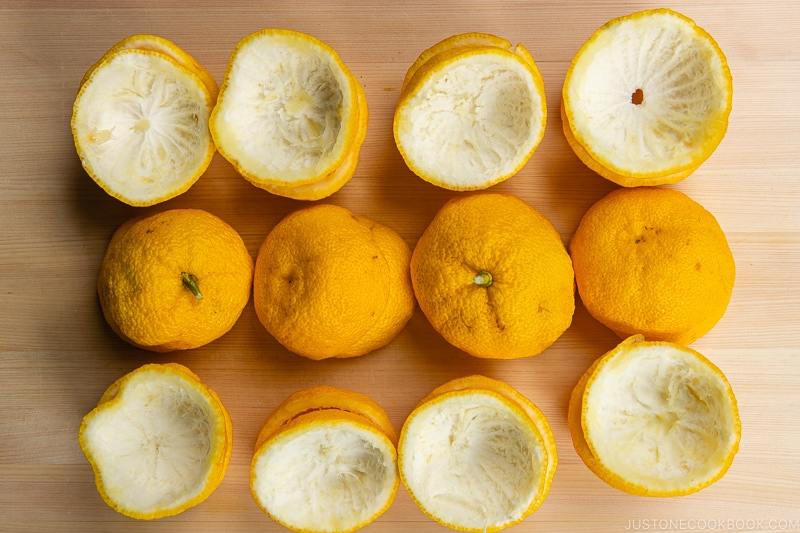 Yuzu peels on a cutting board.