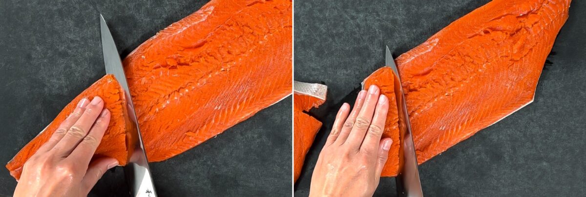 Two side-by-side images demonstrate how to cut salmon into Javanese style fillets: the left shows an angled cut, while the right displays a horizontal slicing motion on a large raw salmon fillet atop a dark cutting board.