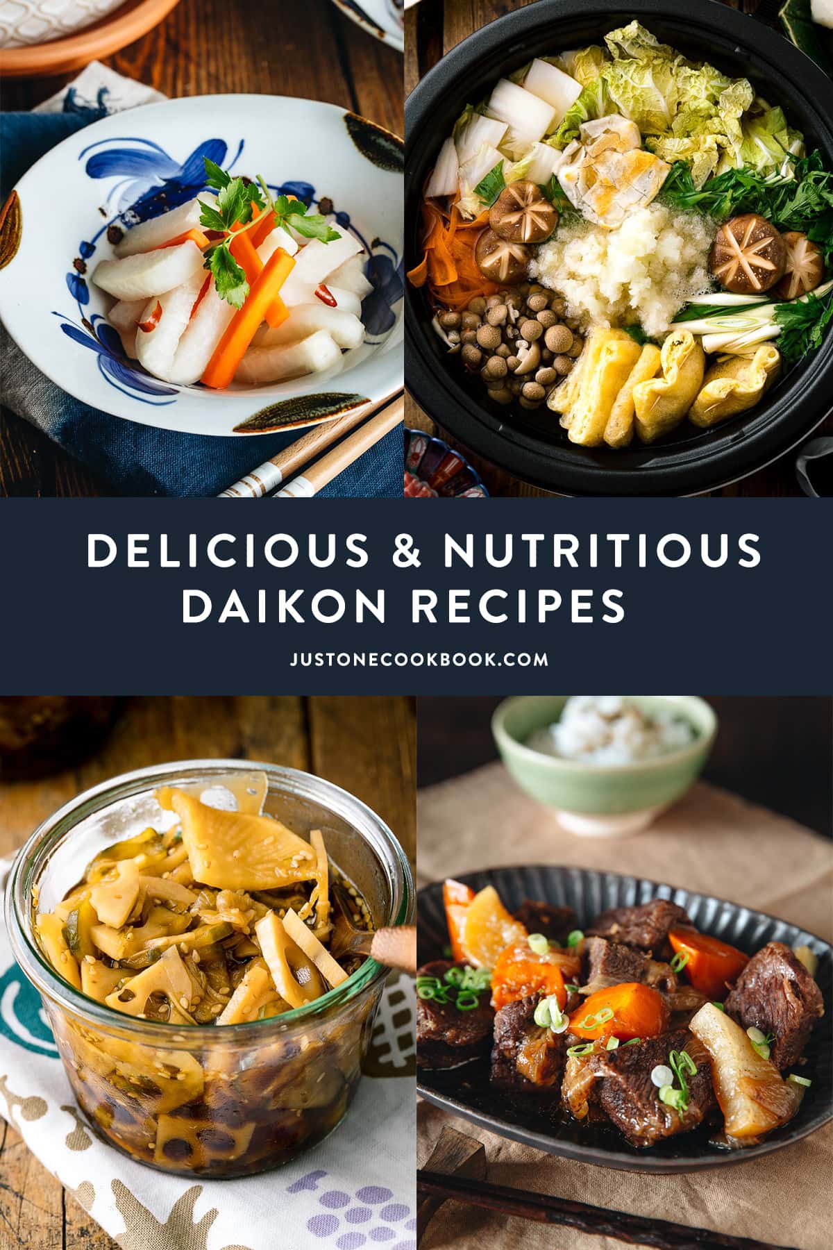 a collage of recipes featuring pickled daikon, short ribs with daikon, and hot pot with daikon
