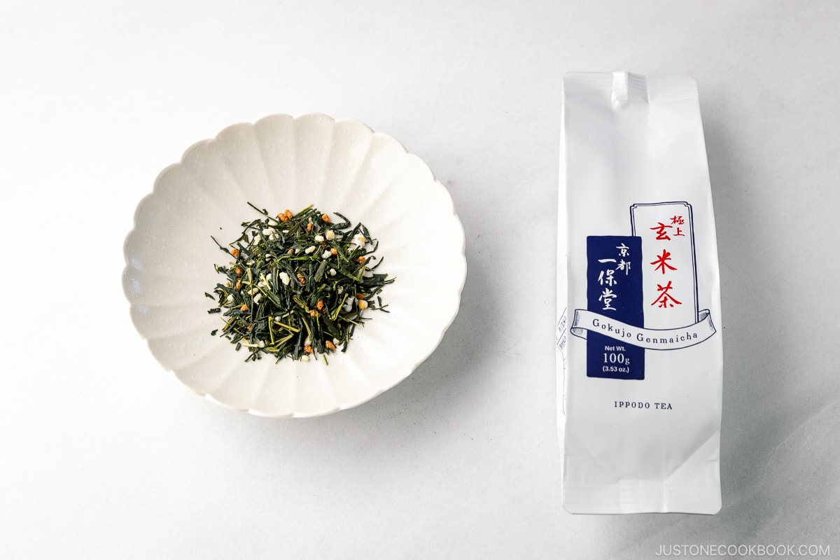 genmaicha tea leaves on a marble table