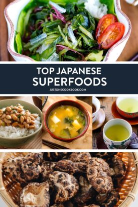 collage of Japanese superfoods such as shiitake mushroom, seaweed, green tea, natto, miso