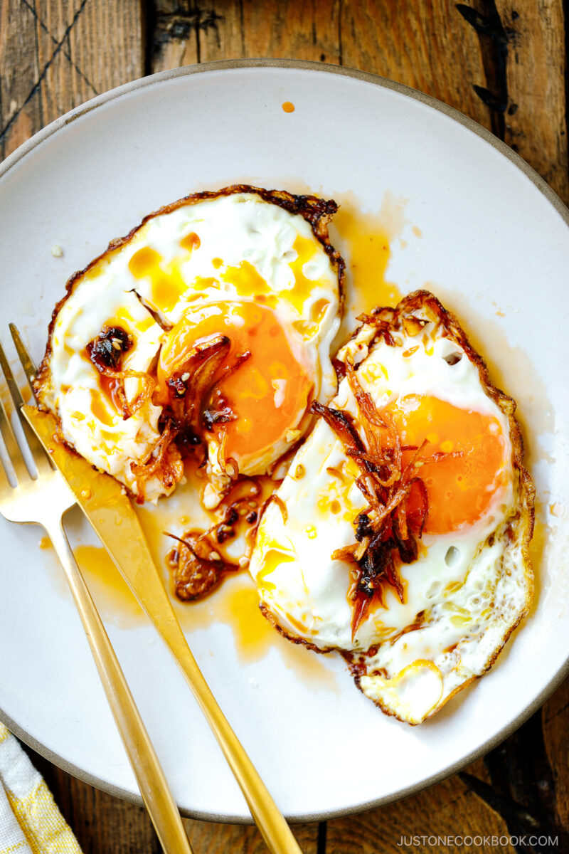 Fried eggs with homemade Crunchy Garlic Chili Oil on top.