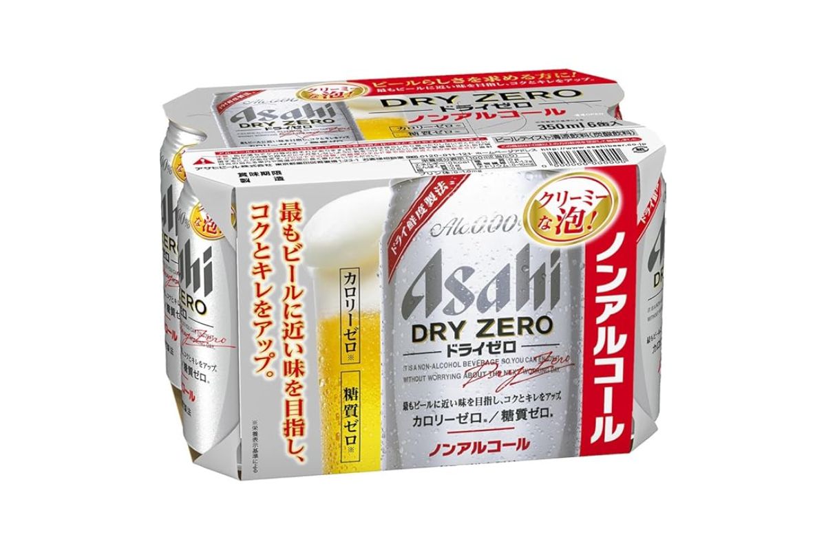 Canned Asahi Dry Zero non-alcoholic beer with Japanese labeling, promoting low-calorie, zero sugar, and alcohol-free qualities, ideal for health-conscious consumers and those avoiding alcohol.