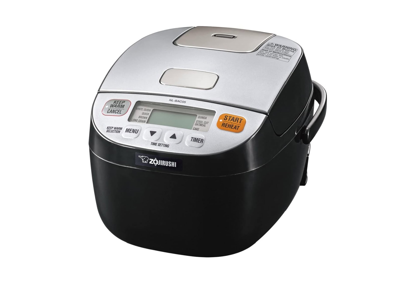 A modern black and silver Zojirushi rice cooker, known as one of the best Japanese rice cookers, features a digital display, buttons for menu, timer, and start/reheat functions, plus a side handle, photographed on a white background.