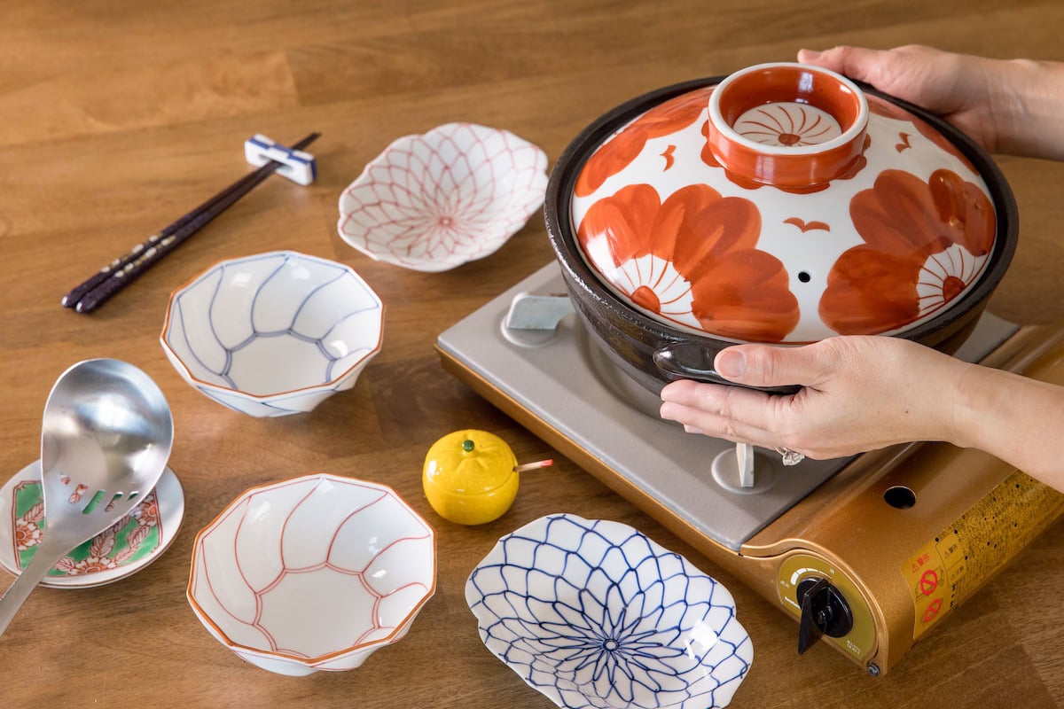 Red floral induction Donabe available on JOC Goods