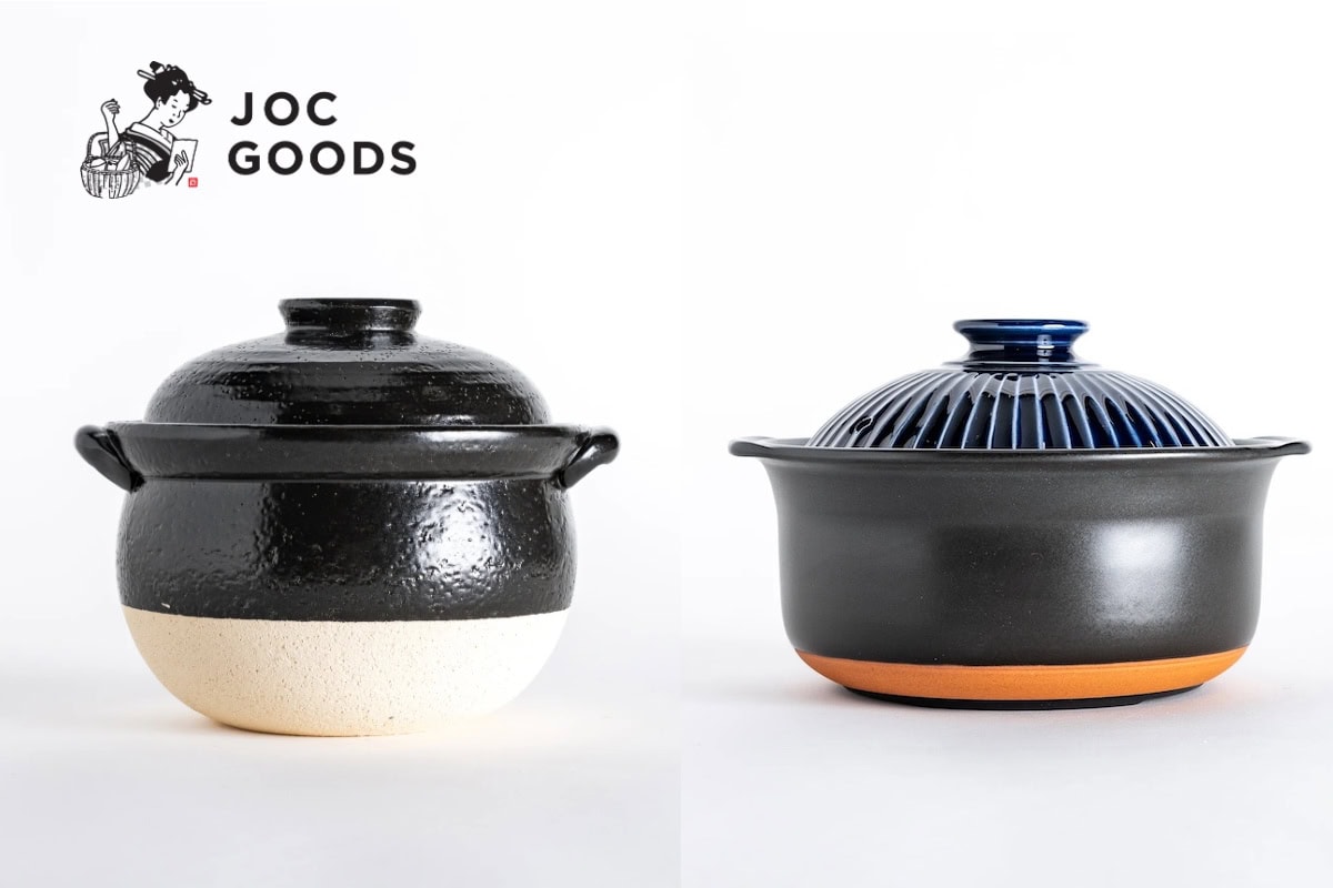 a collage of two different styles of donabe rice cookers
