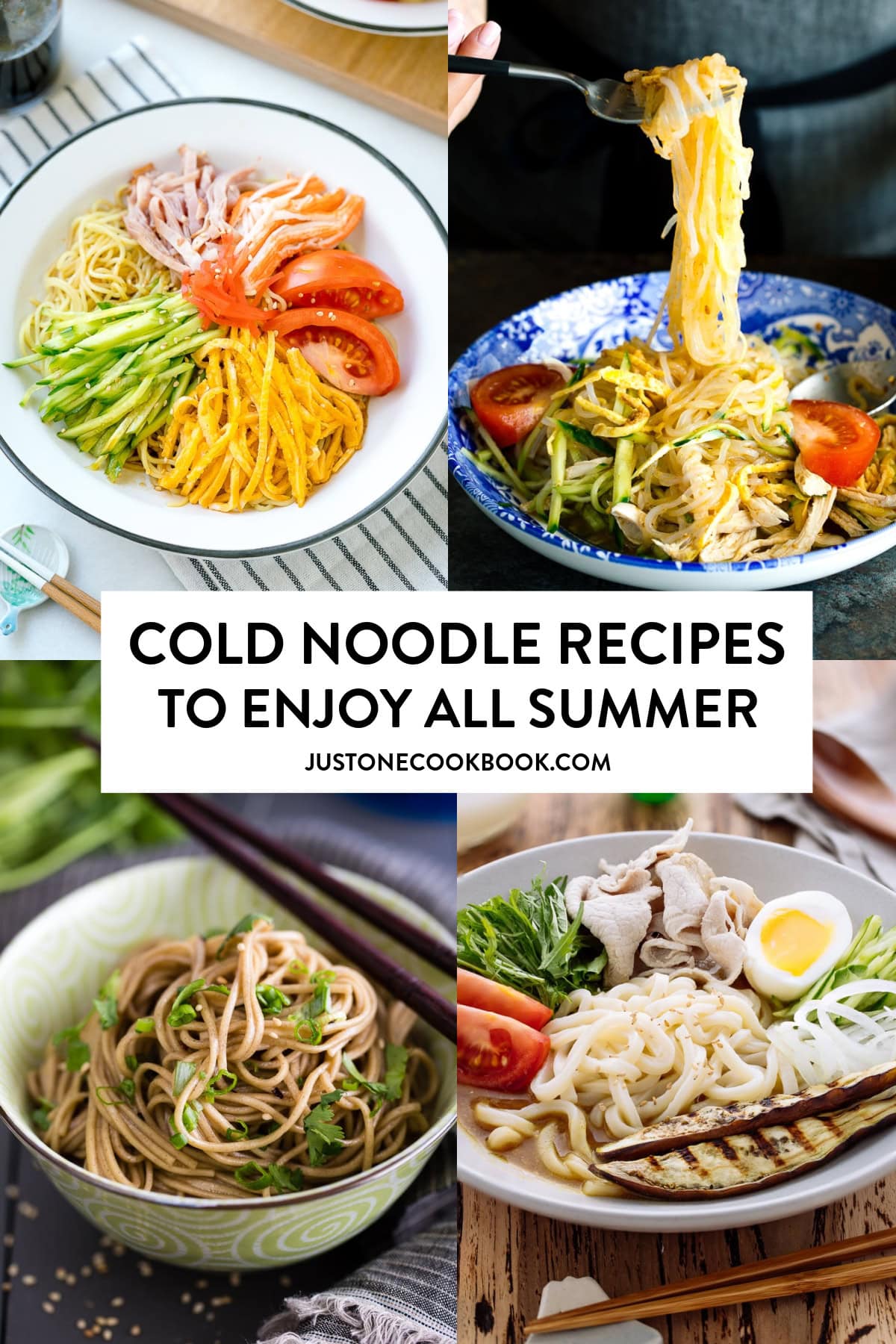 a collage of easy cold noodle recipes, including soba noodle salad, cold curry udon