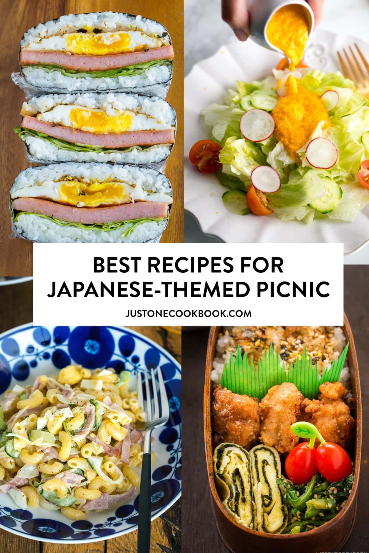 A collage of Japanese picnic recipes, including carrot ginger dressing, spam onigirrazu, macaroni salad