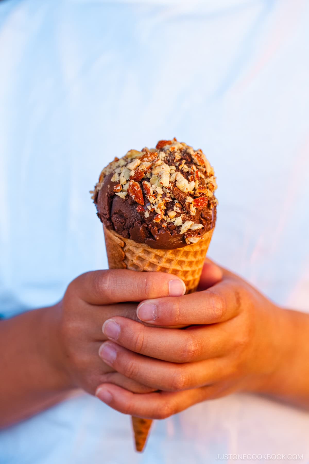 A little boy holding chocolate ice cream in a waffle cone.