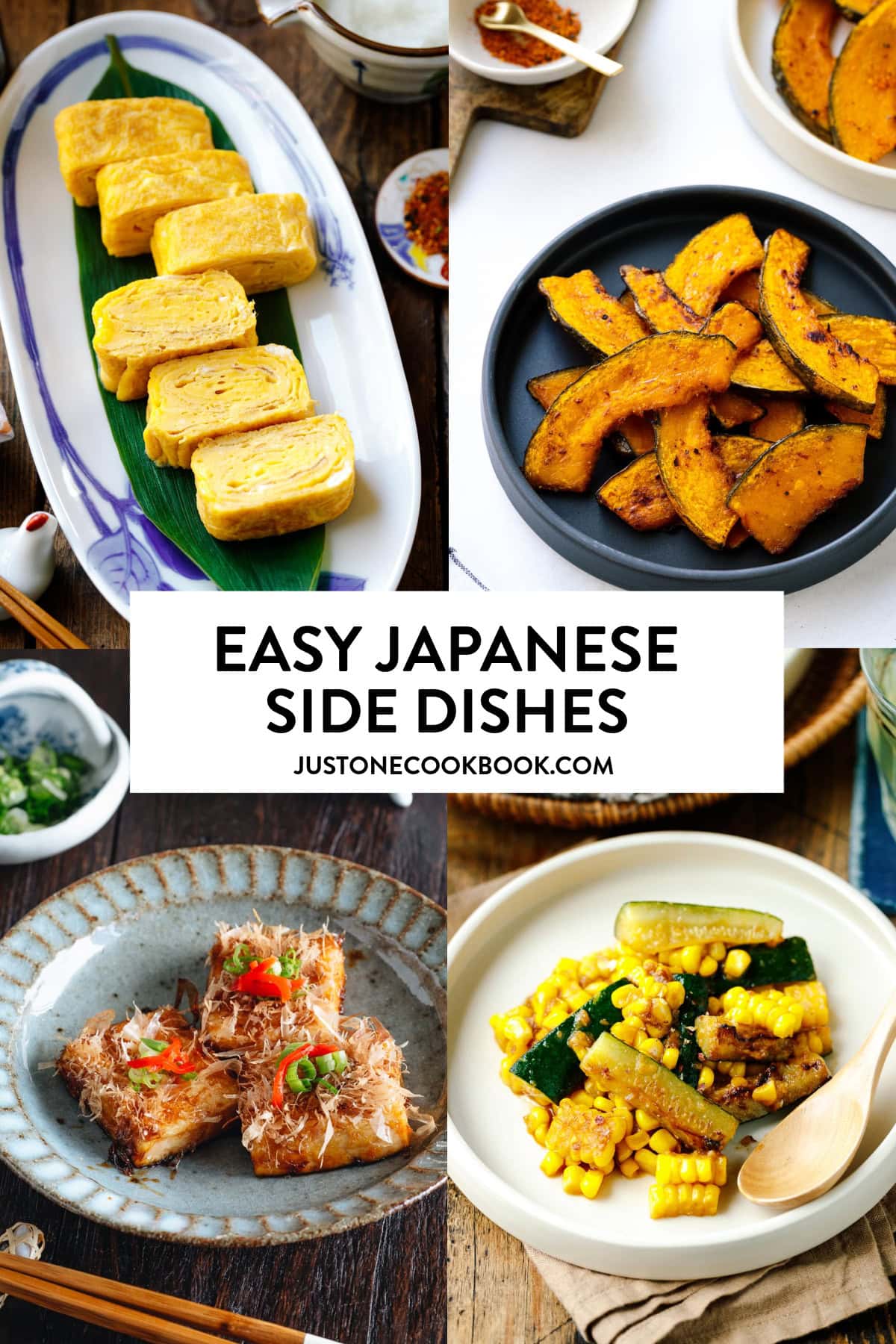 A collage of easy Japanese side dishes, including tamagoyaki, kabocha squash, teriyaki tofu, and zucchini corn stir fry
