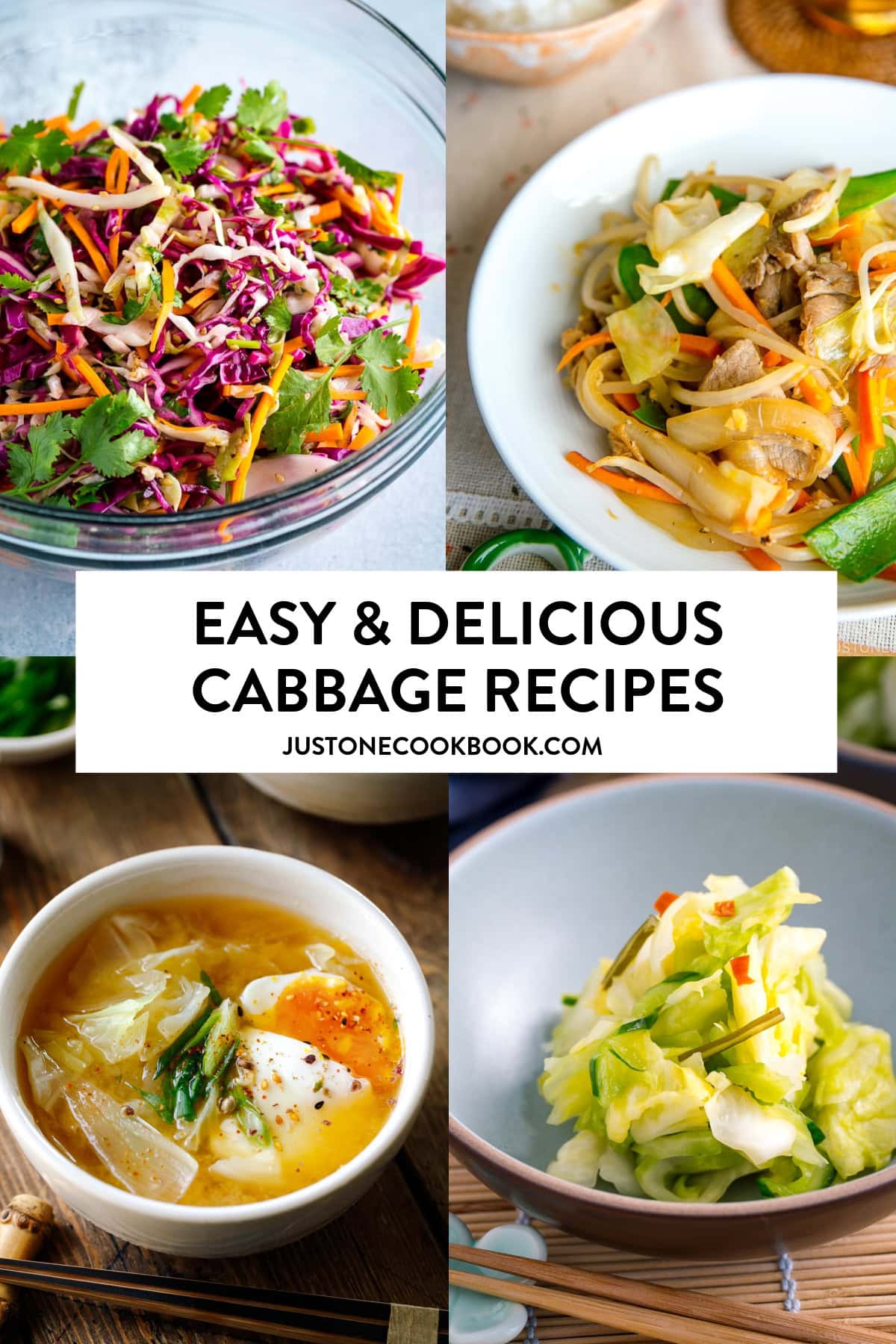 A collage of cabbage recipes, including miso cabbage soup, stir-fry, coleslaw
