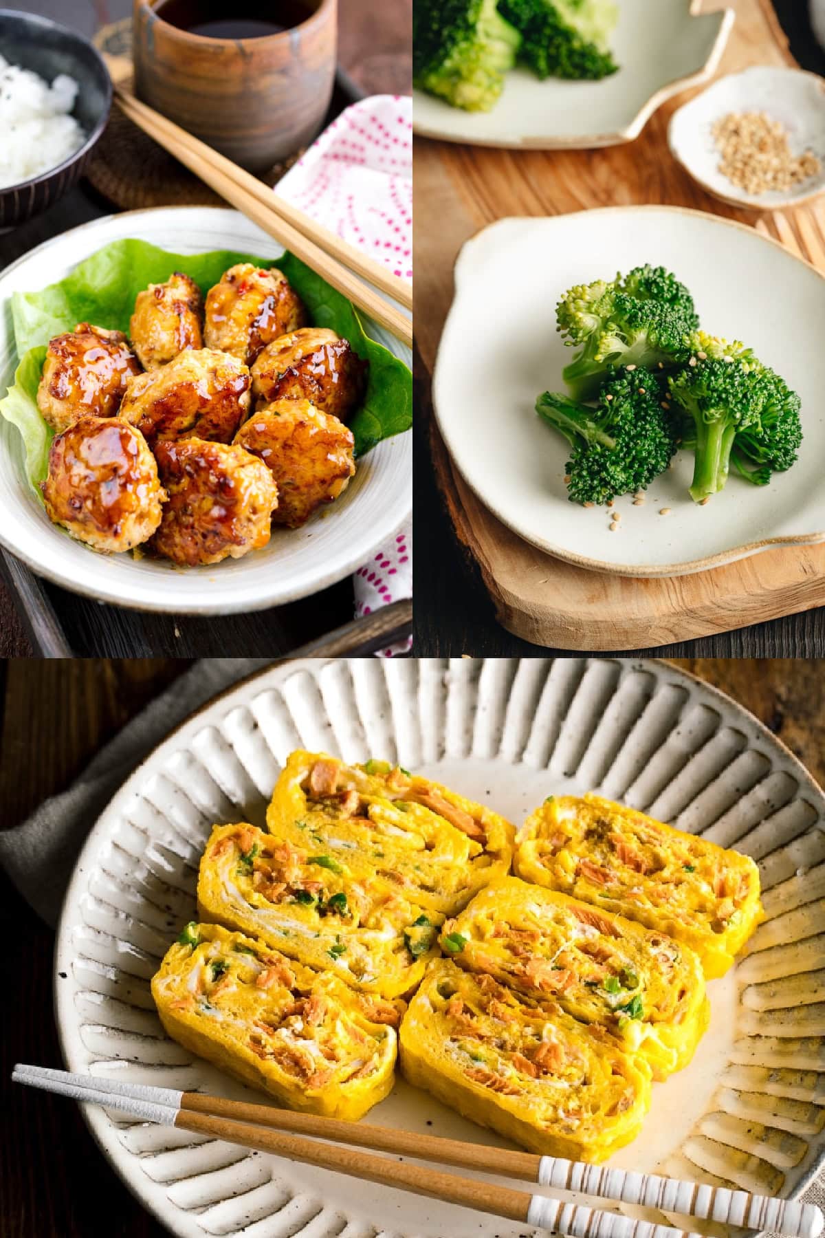 a collage of freezer-friendly bento recipes and dishes such as blanched broccoli, teriyaki meatballs, tamagoyaki